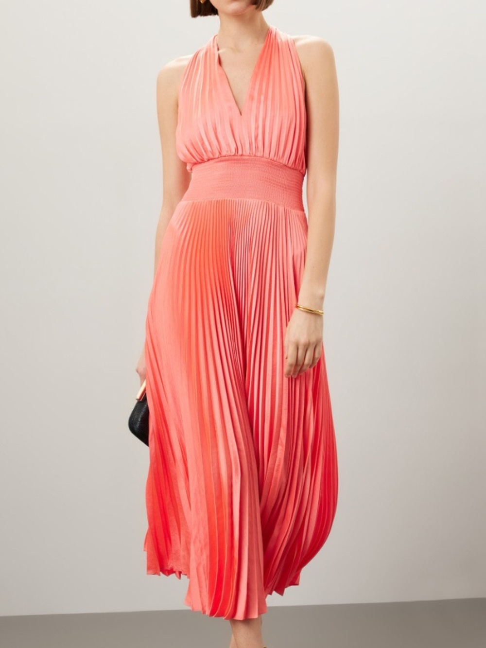 ALC A.L.C. Rose Midi Pleated Dress Coral Orange Plunge Neck Size 2 - Picture 1 of 9